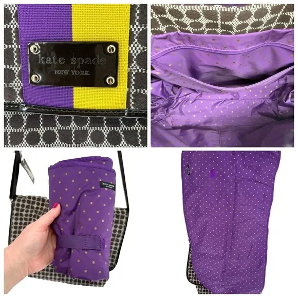 Kate Spade Classic Noel Dot Diaper Bag Large Brown Purple Y2K Stripe Messenger - Picture 4 of 12